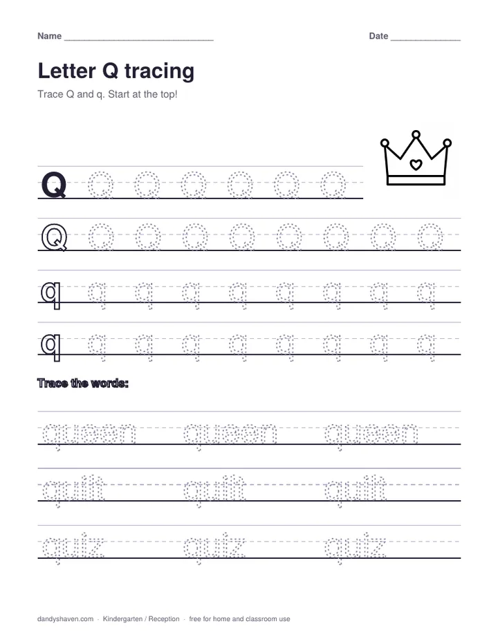 Letter Q tracing worksheet preview