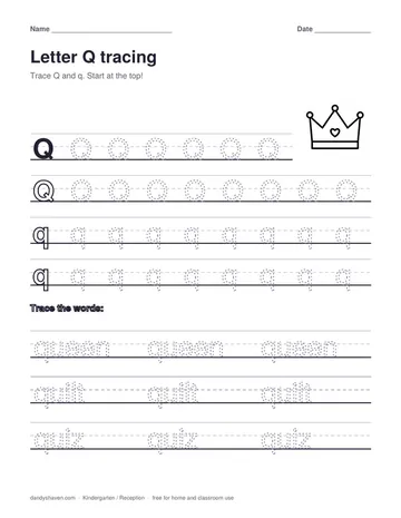 Letter Q tracing worksheet preview
