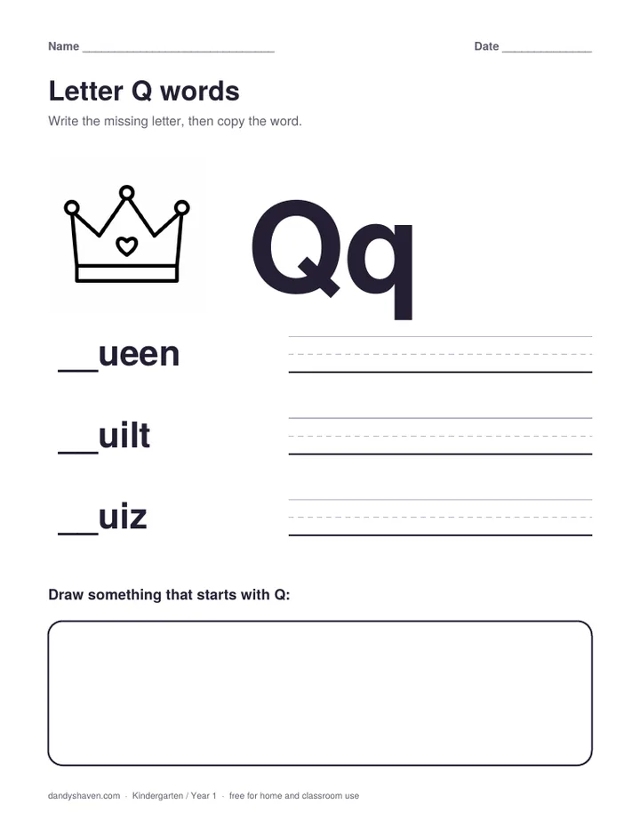 Letter Q words worksheet preview