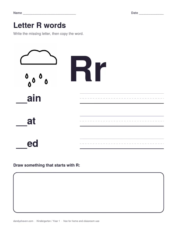 Letter R words worksheet preview