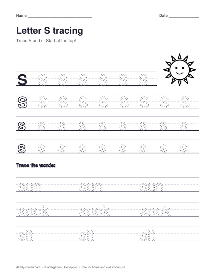 Letter S tracing worksheet preview