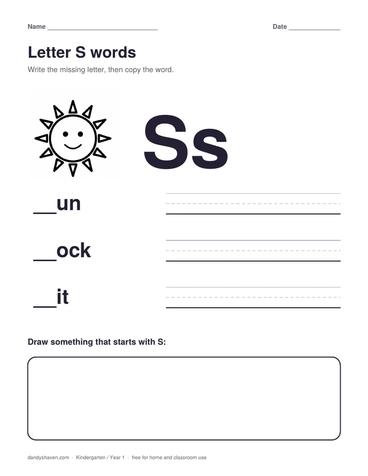 Letter S words worksheet preview