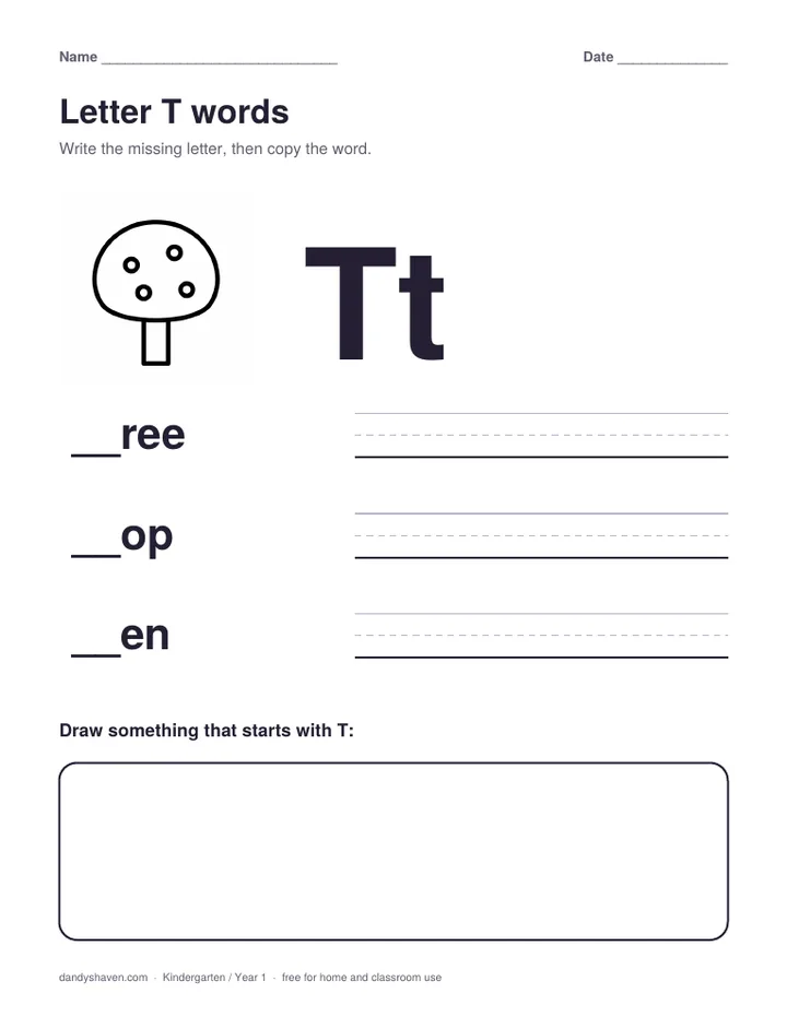 Letter T words worksheet preview