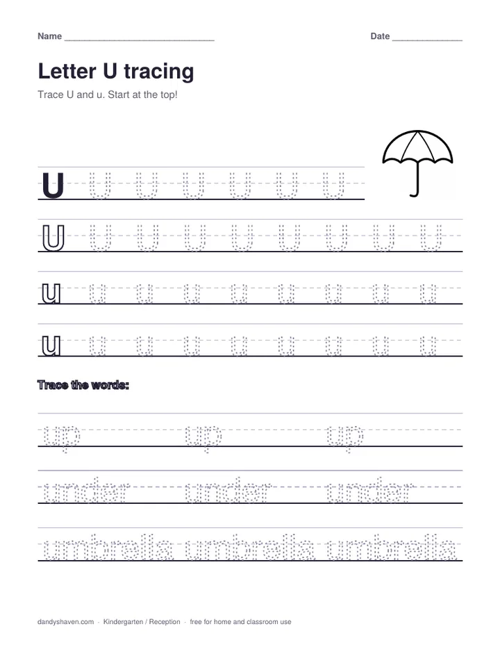 Letter U tracing worksheet preview