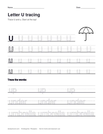 Letter U tracing worksheet preview
