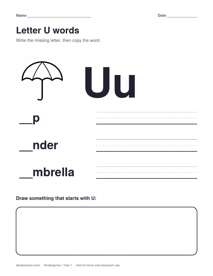 Letter U words worksheet preview