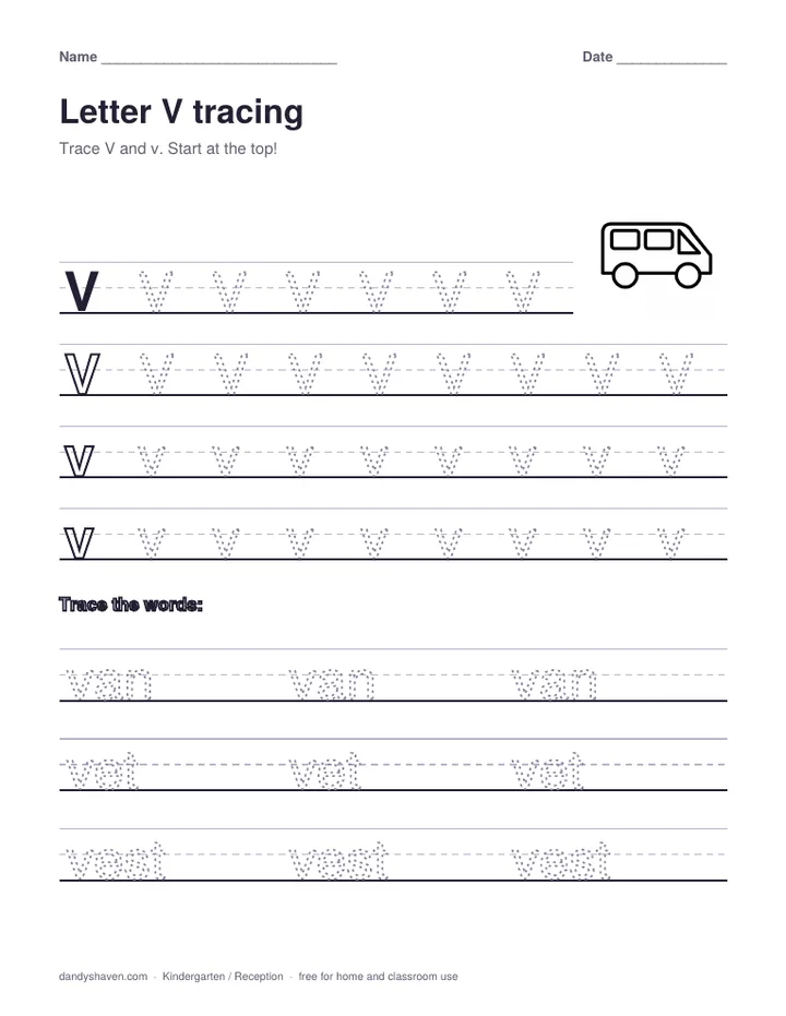 Letter V tracing worksheet preview