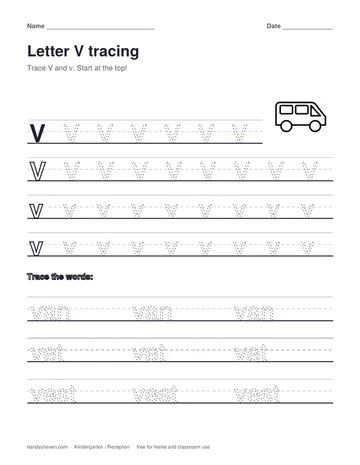 Letter V tracing worksheet preview