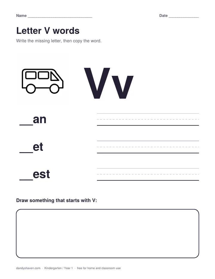 Letter V words worksheet preview