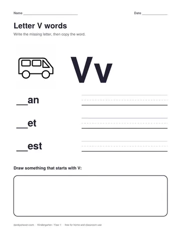 Letter V words worksheet preview