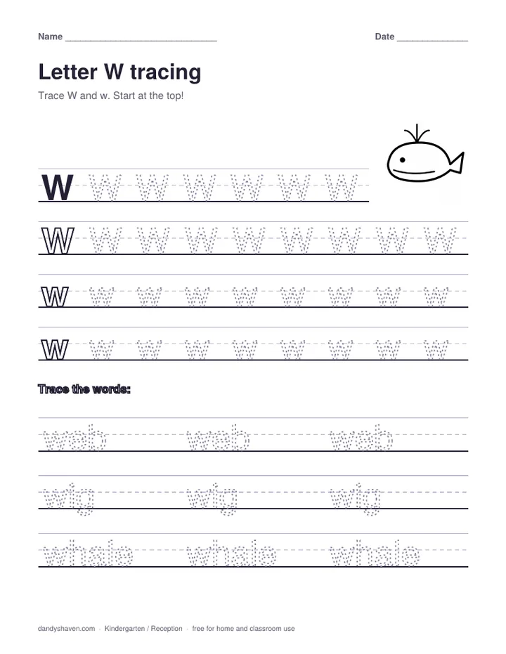 Letter W tracing worksheet preview