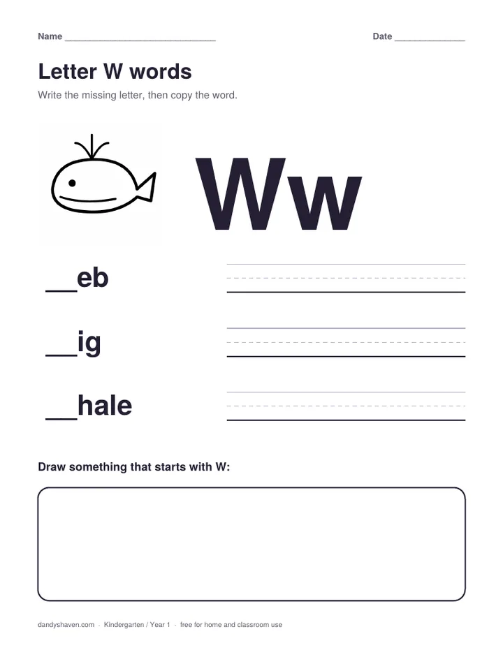 Letter W words worksheet preview