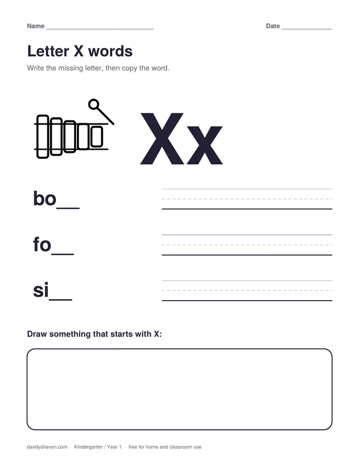 Letter X words worksheet preview