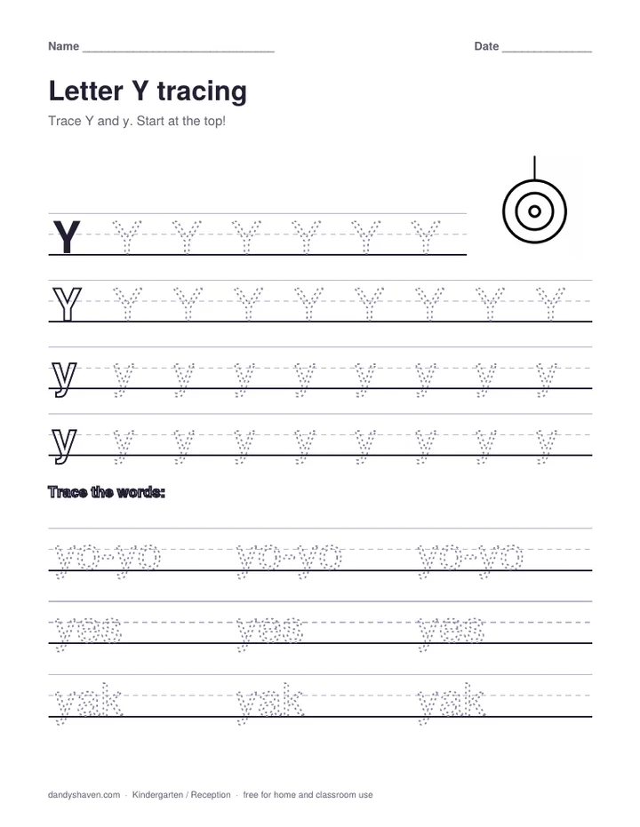Letter Y tracing worksheet preview