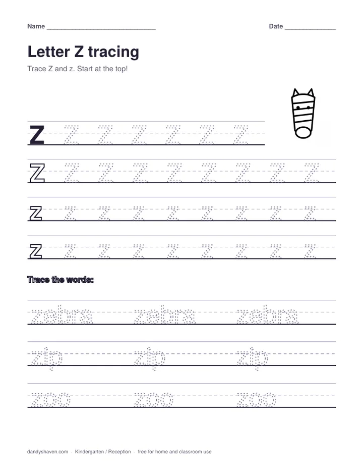 Letter Z tracing worksheet preview