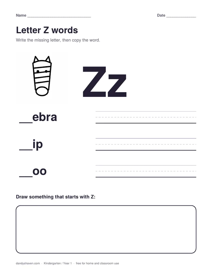 Letter Z words worksheet preview
