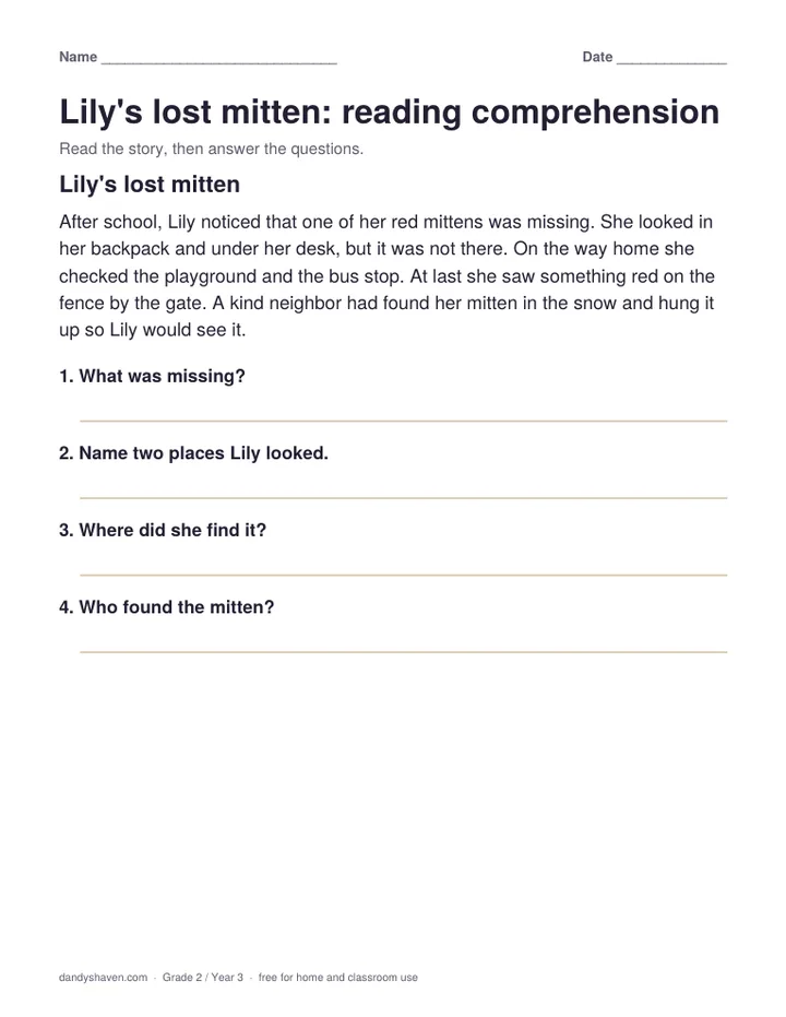 Lily's lost mitten: reading comprehension worksheet preview