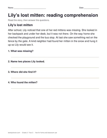Lily's lost mitten: reading comprehension worksheet preview