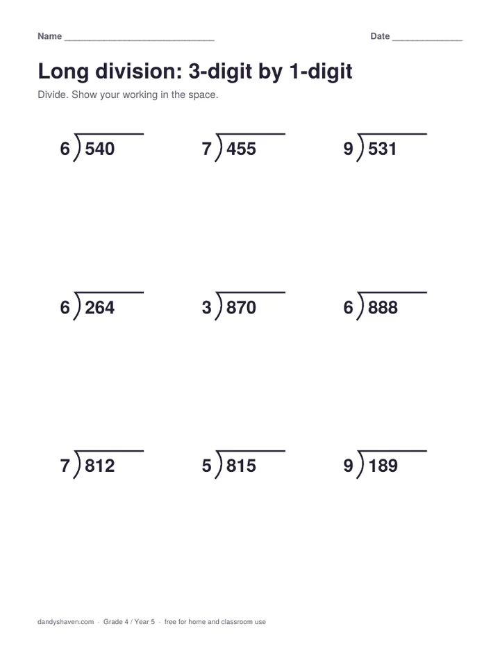 Long division: 3-digit by 1-digit worksheet preview