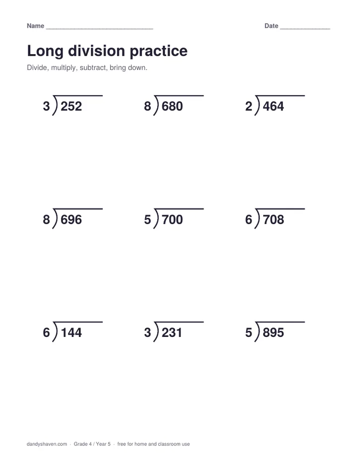 Long division practice worksheet preview