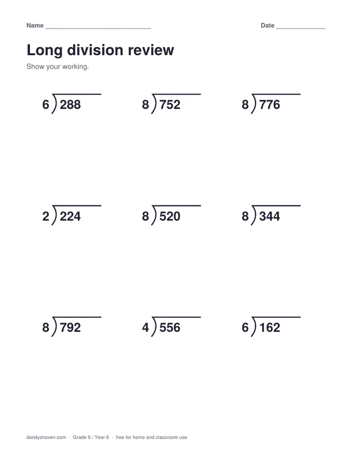 Long division review worksheet preview