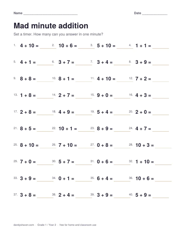 Mad minute addition worksheet preview