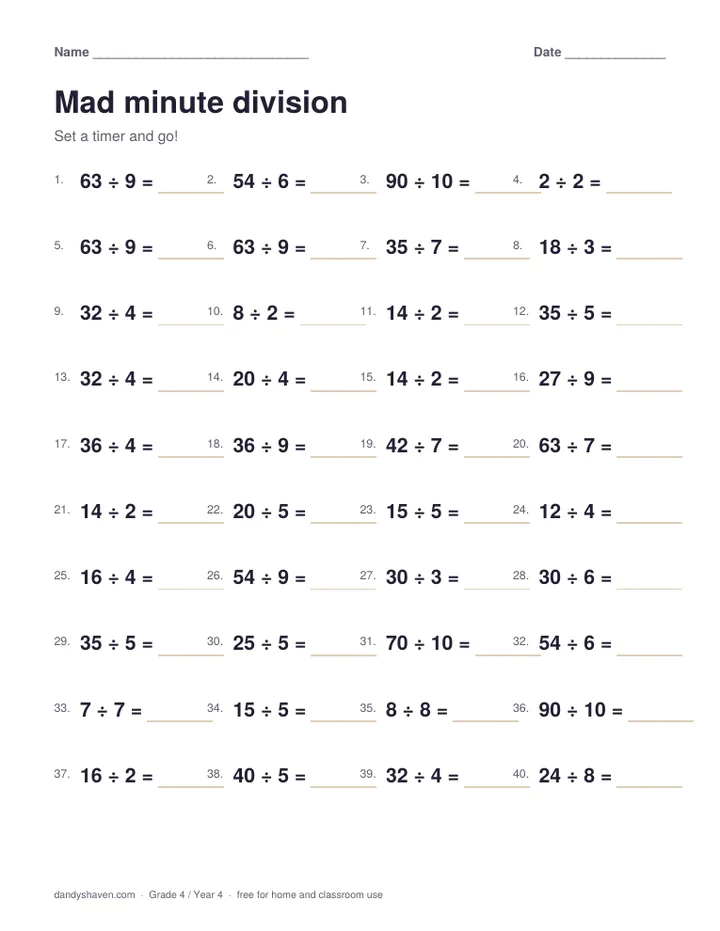 Mad minute division worksheet preview
