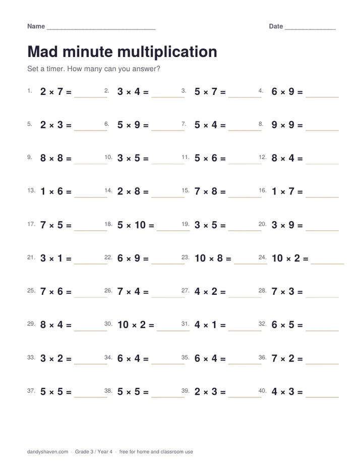 Mad minute multiplication worksheet preview