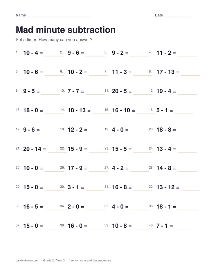 Mad minute subtraction worksheet preview