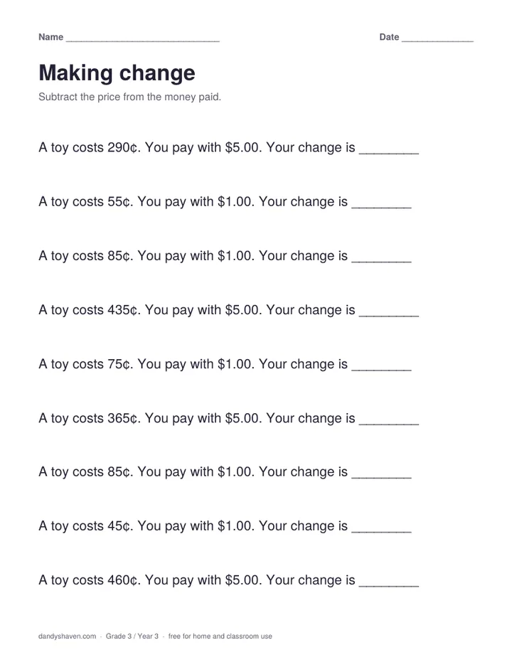 Making change worksheet preview