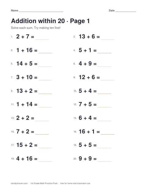 Preview page from 1st Grade Math Practice Pack
