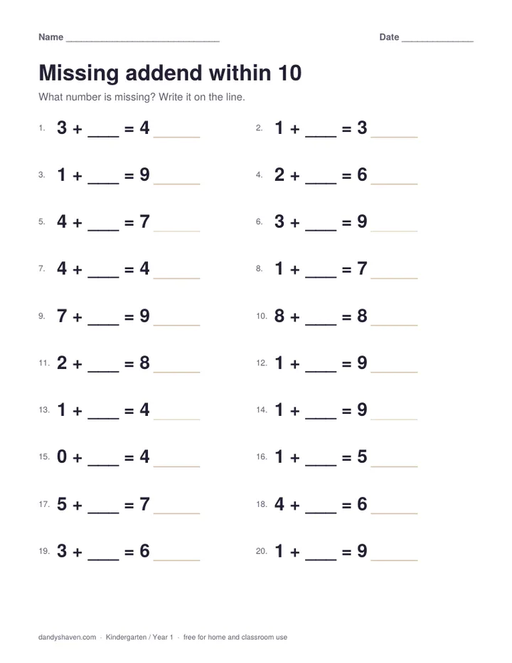 Missing addend within 10 worksheet preview