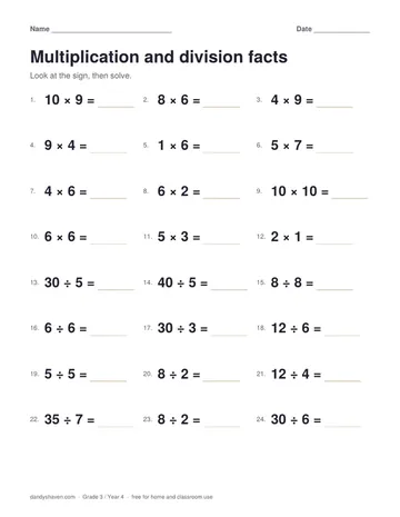 Multiplication and division facts worksheet preview