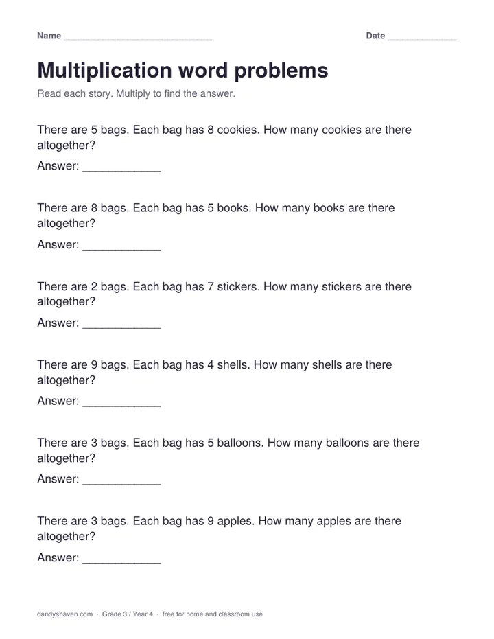 Multiplication word problems worksheet preview