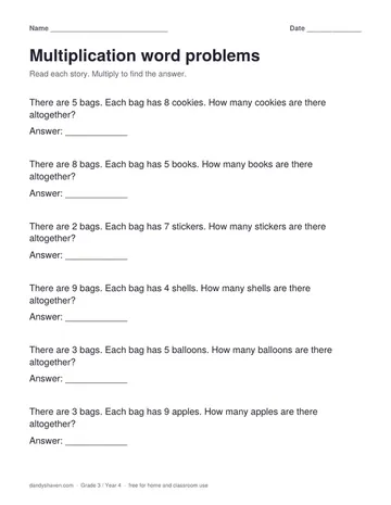 Multiplication word problems worksheet preview