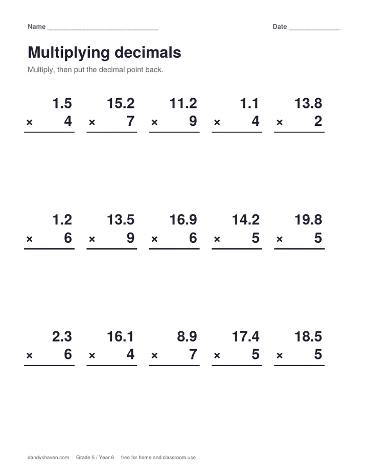 Multiplying decimals worksheet preview