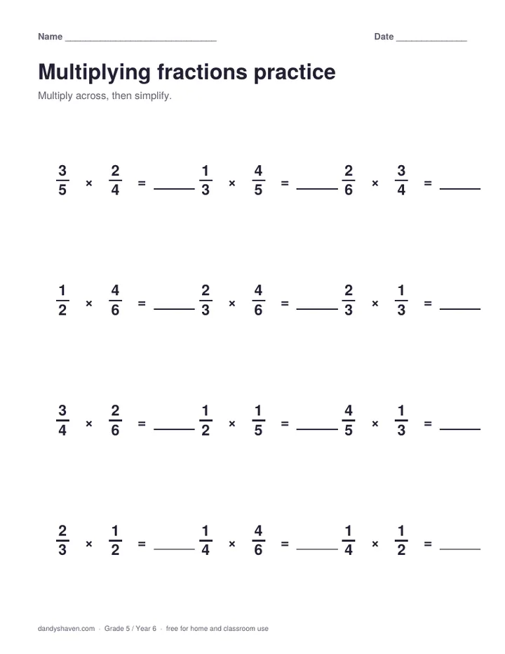 Multiplying fractions practice worksheet preview