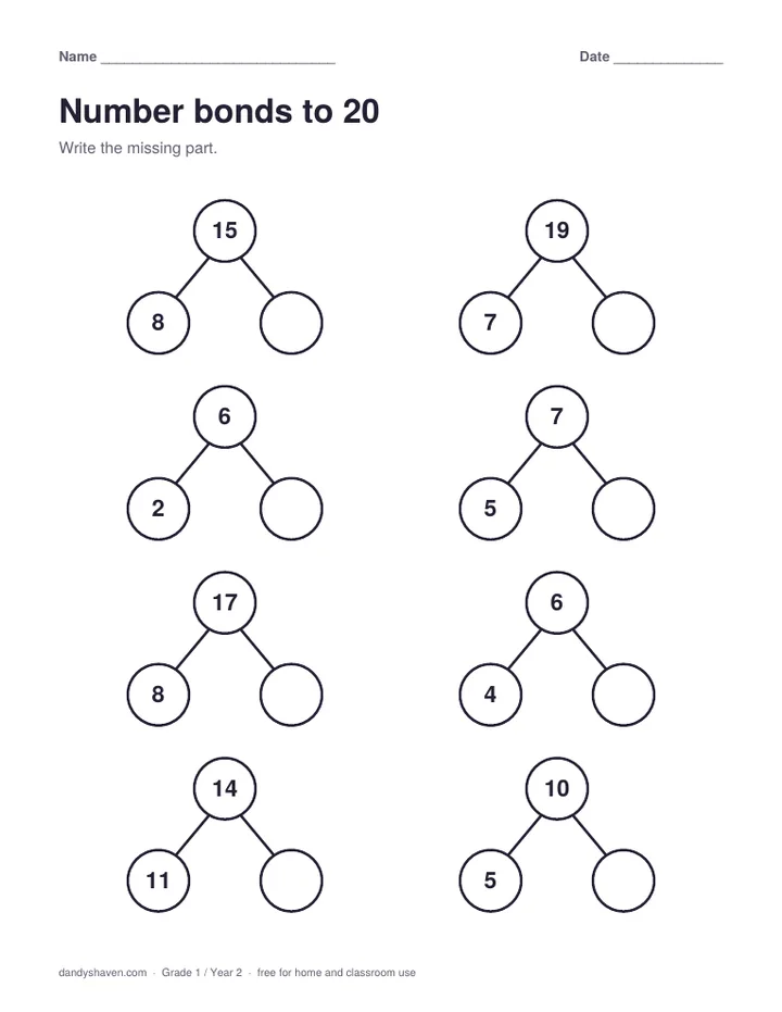 Number bonds to 20 worksheet preview