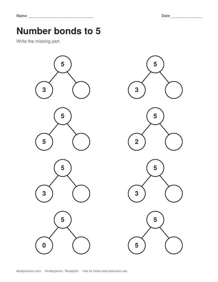Number bonds to 5 worksheet preview