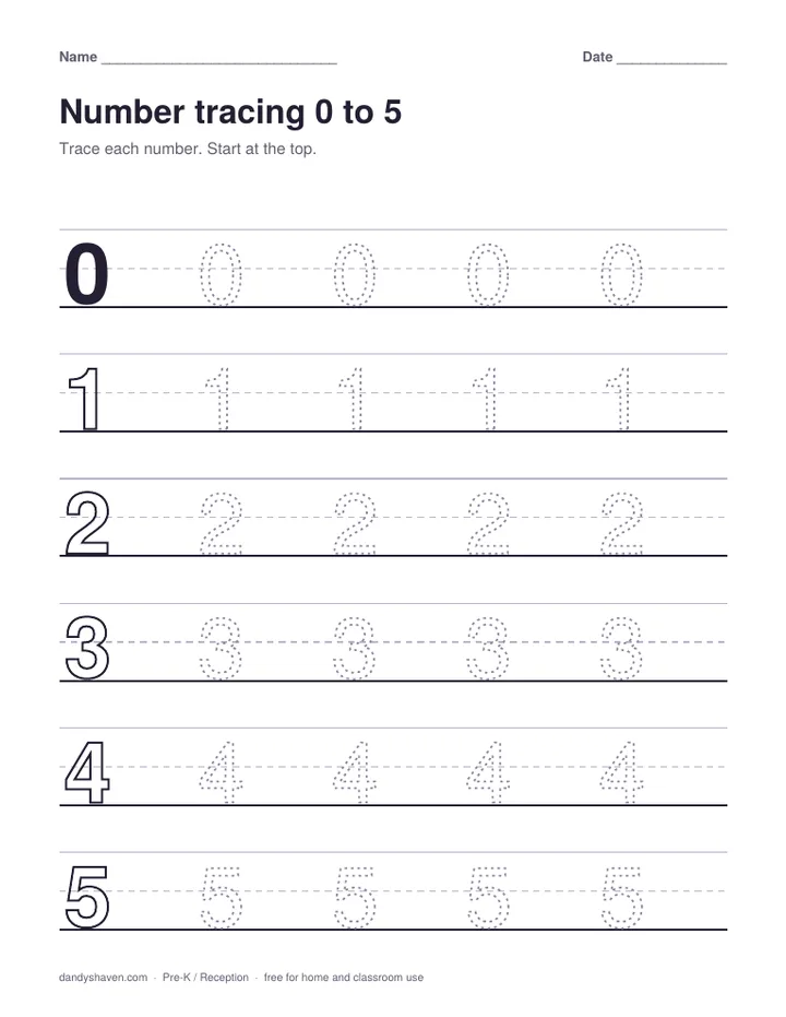 Number tracing 0 to 5 worksheet preview