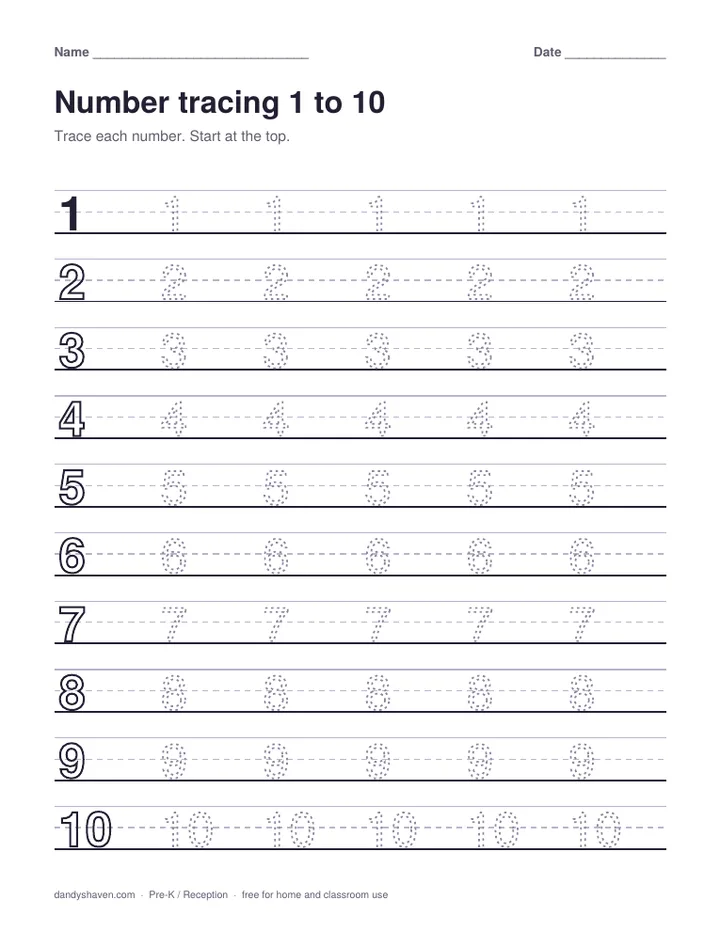 Number tracing 1 to 10 worksheet preview