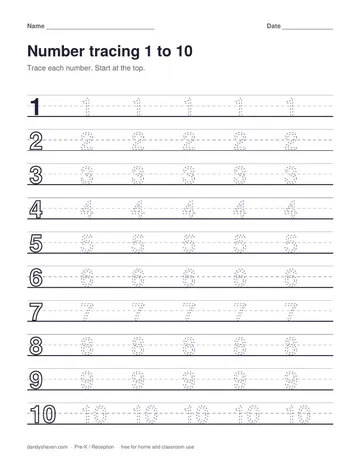 Number tracing 1 to 10 worksheet preview