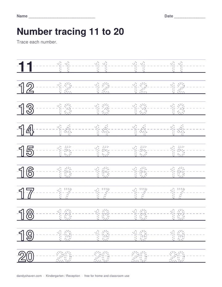 Number tracing 11 to 20 worksheet preview
