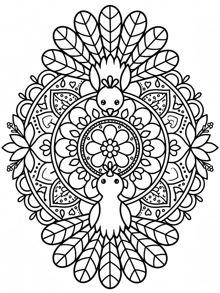 Rangoli with peacocks coloring page