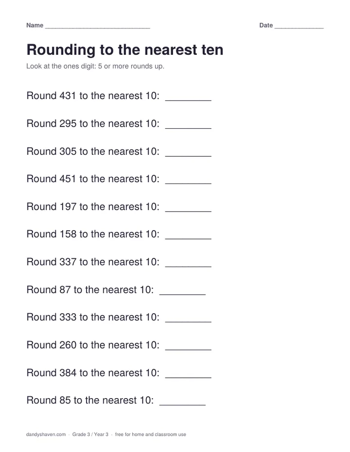 Rounding to the nearest ten worksheet preview