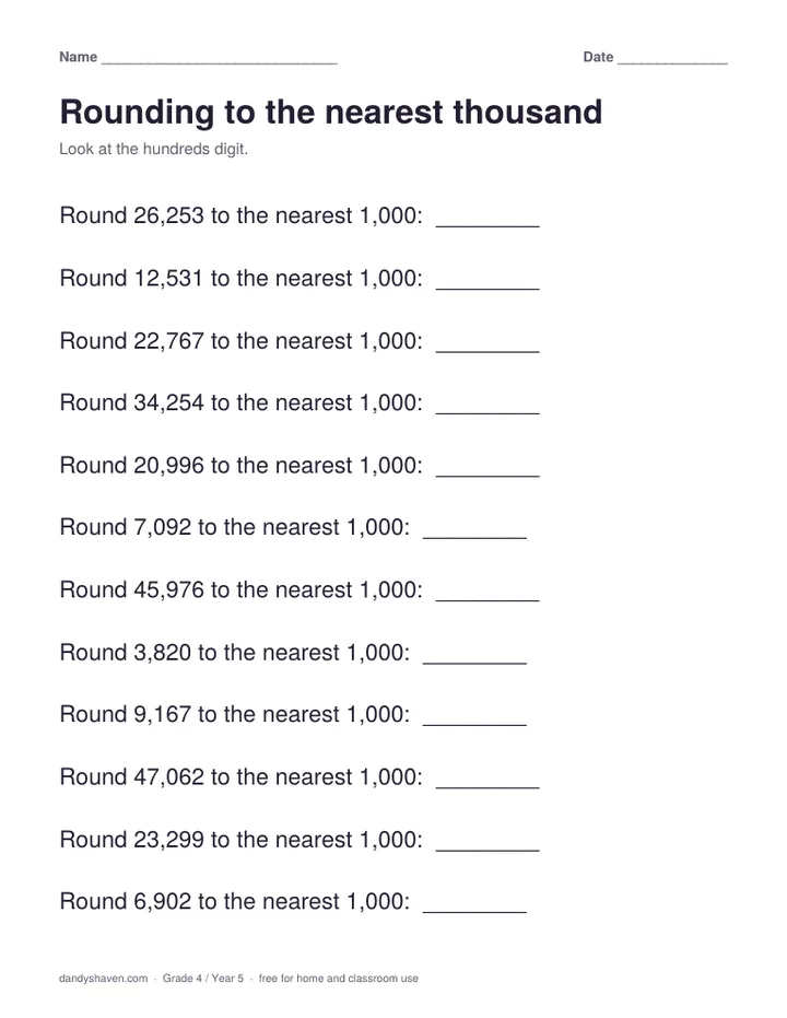 Rounding to the nearest thousand worksheet preview