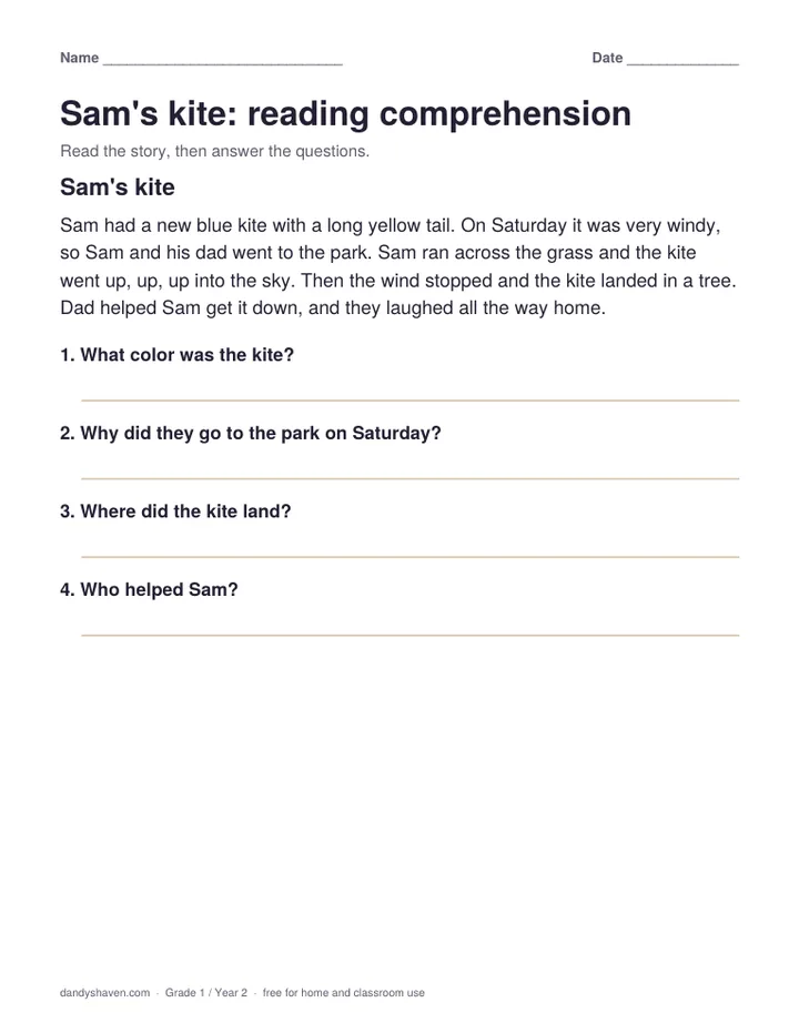 Sam's kite: reading comprehension worksheet preview