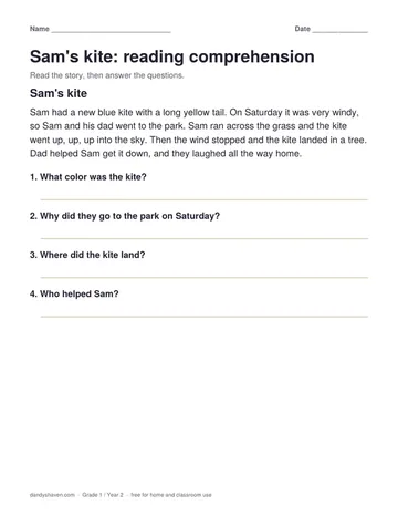 Sam's kite: reading comprehension worksheet preview