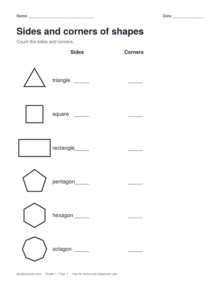 Sides and corners of shapes worksheet preview