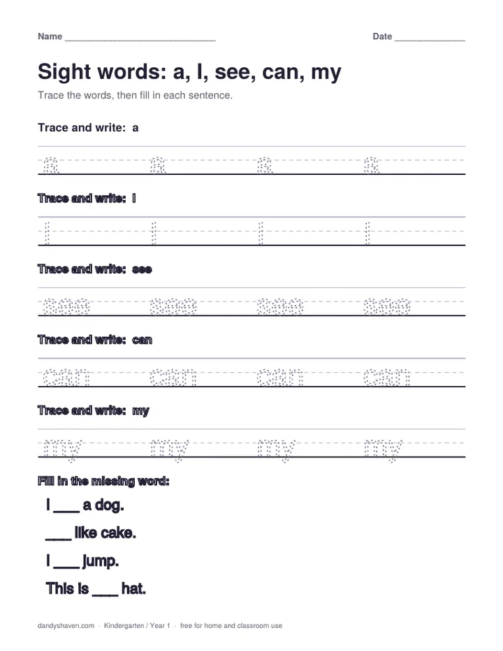Sight words: a, I, see, can, my worksheet preview